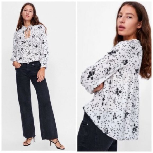 White  Black Zara Blouse with Stars and Flowers Statement Sleeves, M - Picture 2 of 9